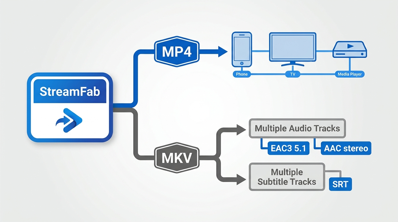StreamFab MP4 and MKV choices with subtitle and audio tracks