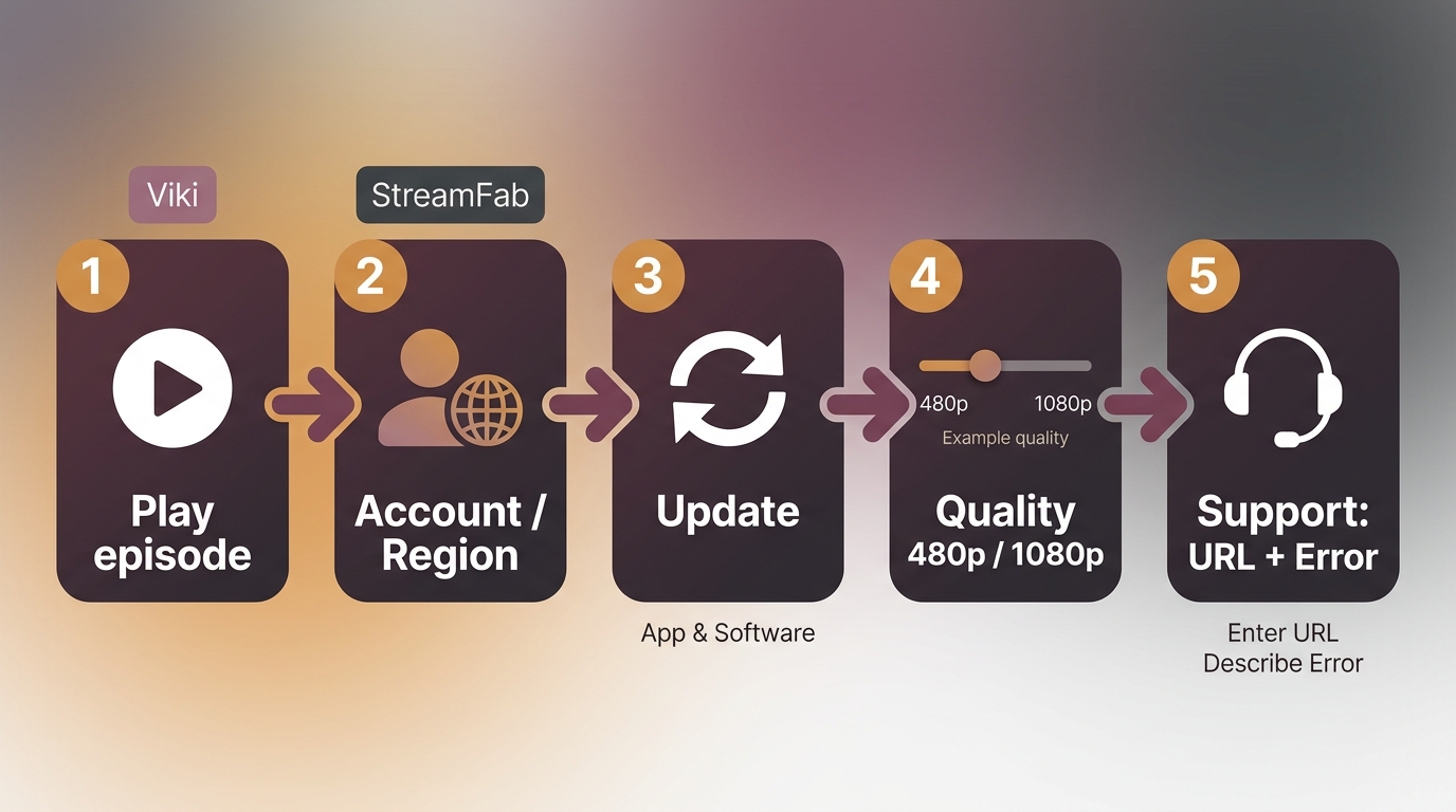 Viki and StreamFab troubleshooting steps for download failures and 480p output