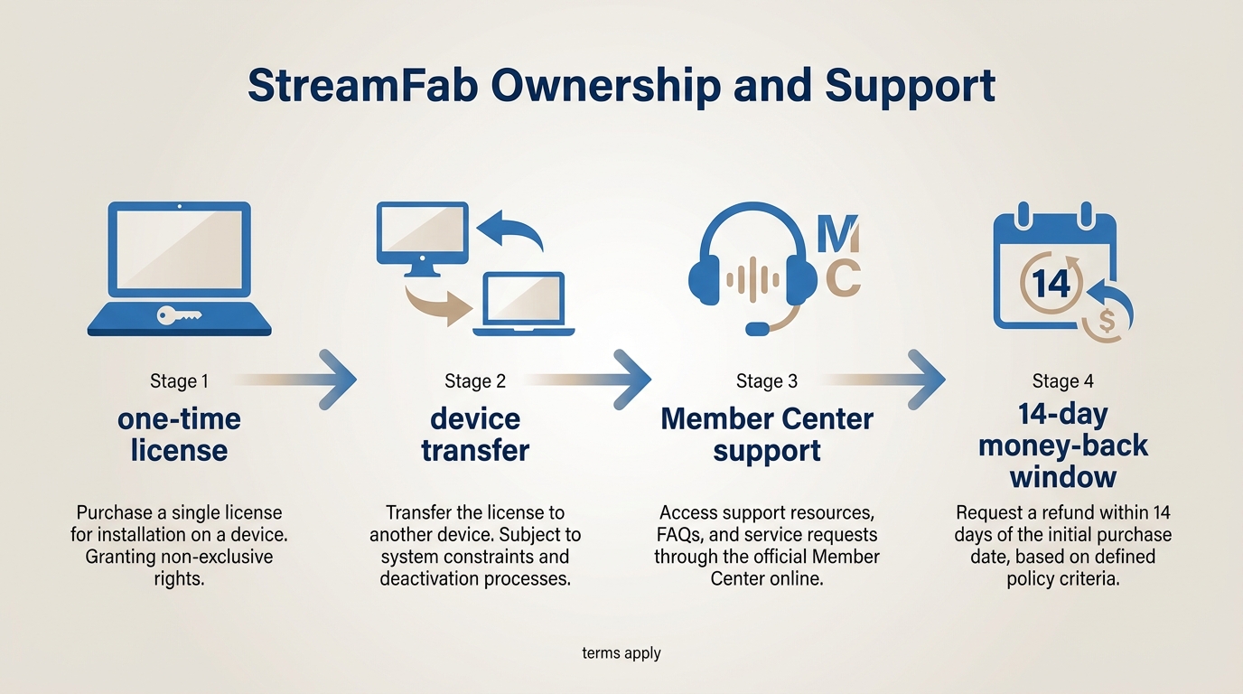 StreamFab license timeline for devices, support, and refunds