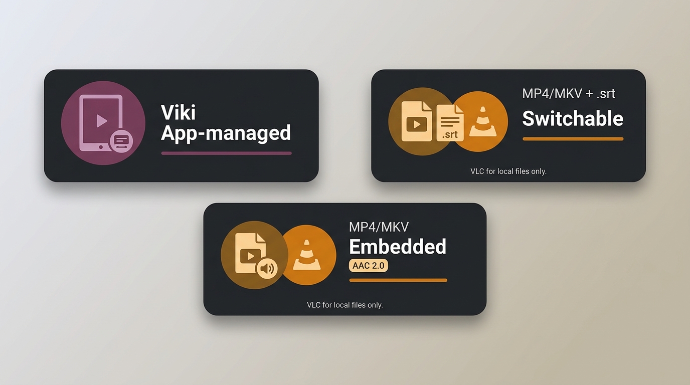 Comparison of Viki app subtitles, embedded tracks, and separate SRT files