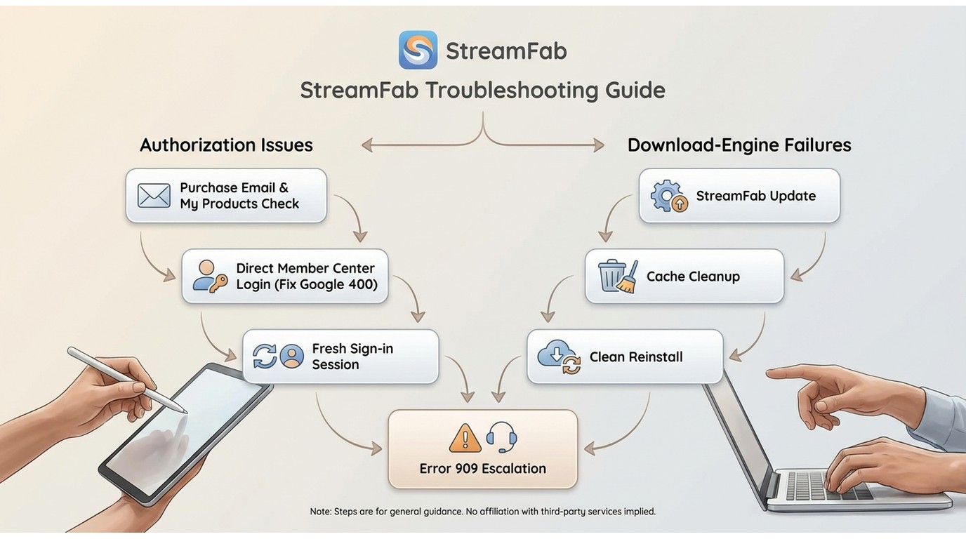 StreamFab license error troubleshooting path from account checks to reinstall