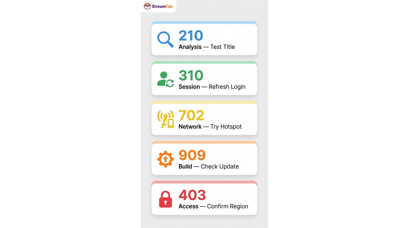 StreamFab error codes 210, 310, 702, 909, and 403 with their next diagnostic checks.