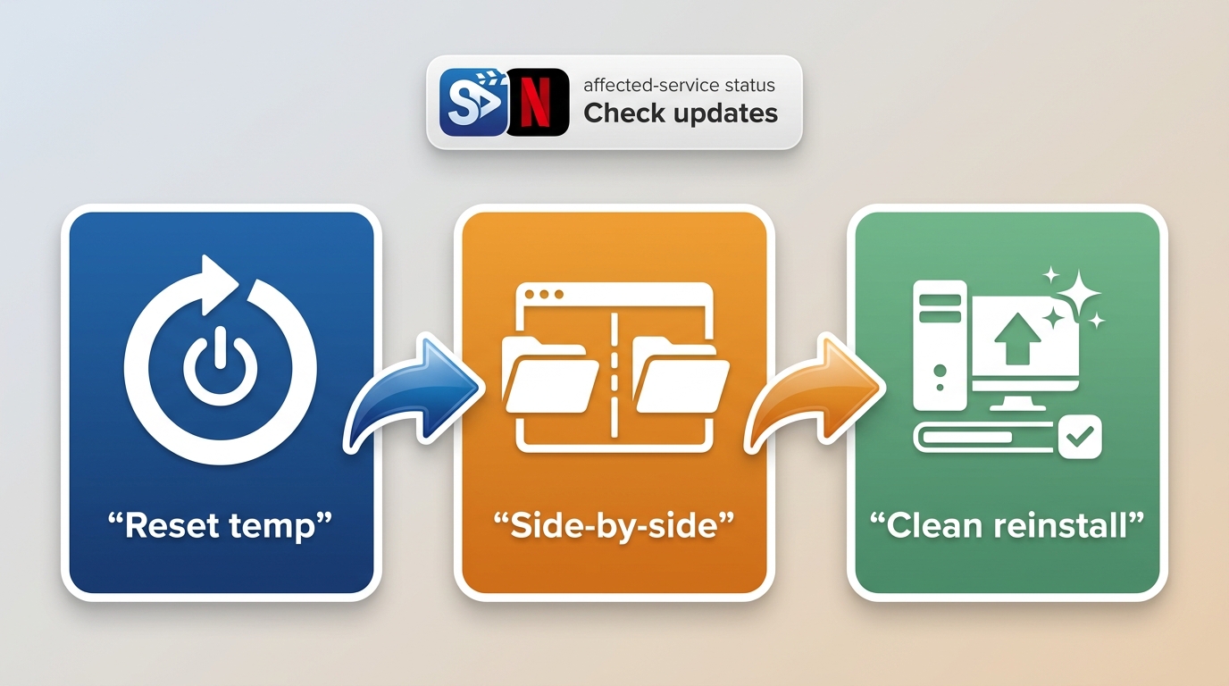 Decision flow for choosing StreamFab temp reset, rollback, or reinstall