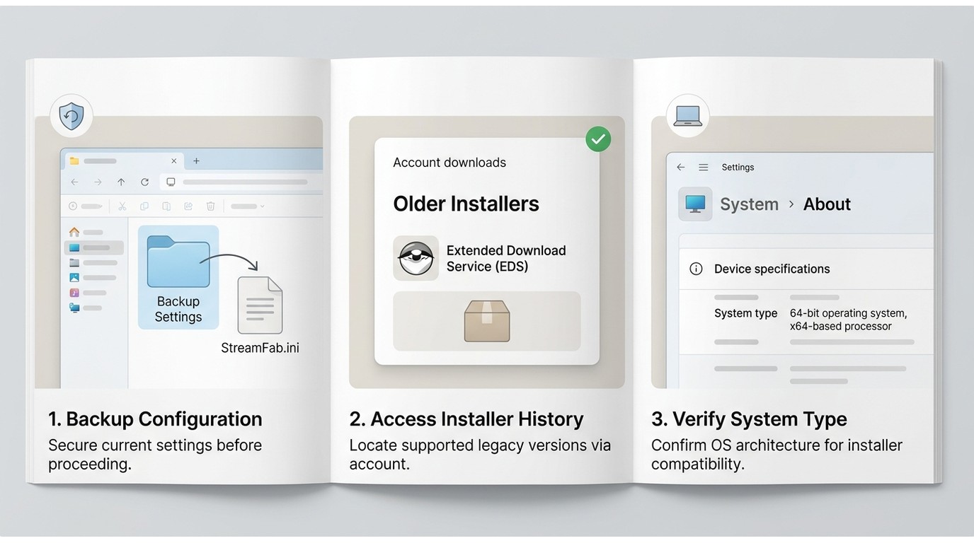 Pre-downgrade checks for StreamFab settings, installer access, and Windows type