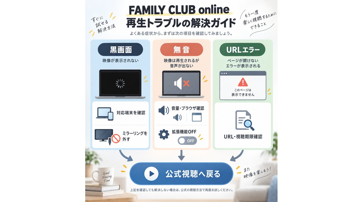 FAMILY CLUB onlineの黒画面や無音を確認する手順