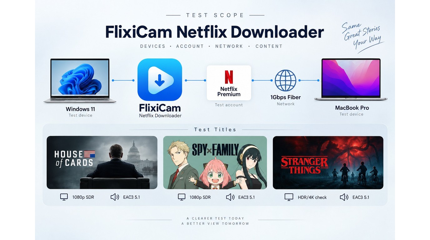 FlixiCam review scope across devices, Netflix Premium, network, and test titles