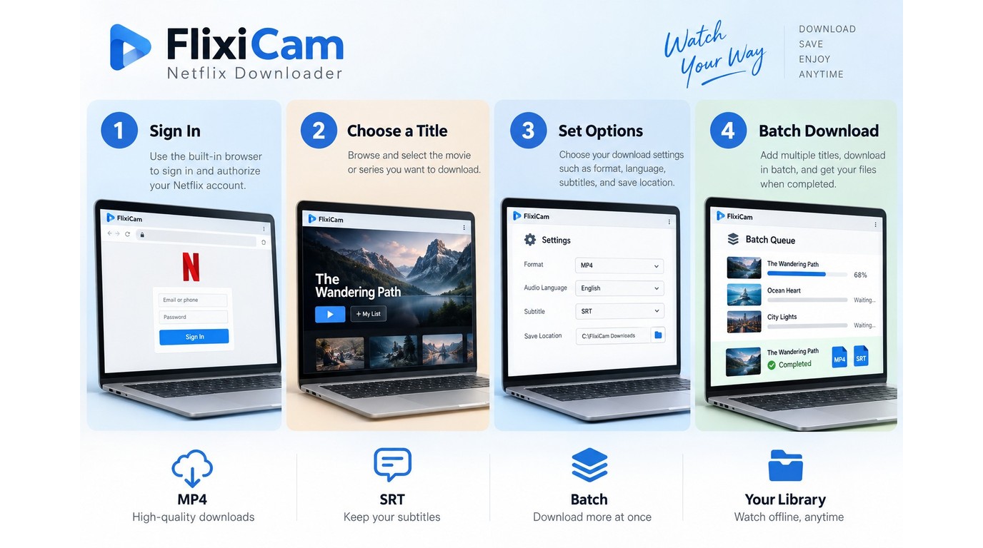 FlixiCam workflow from Netflix sign-in to MP4 settings, batch queue, and validation