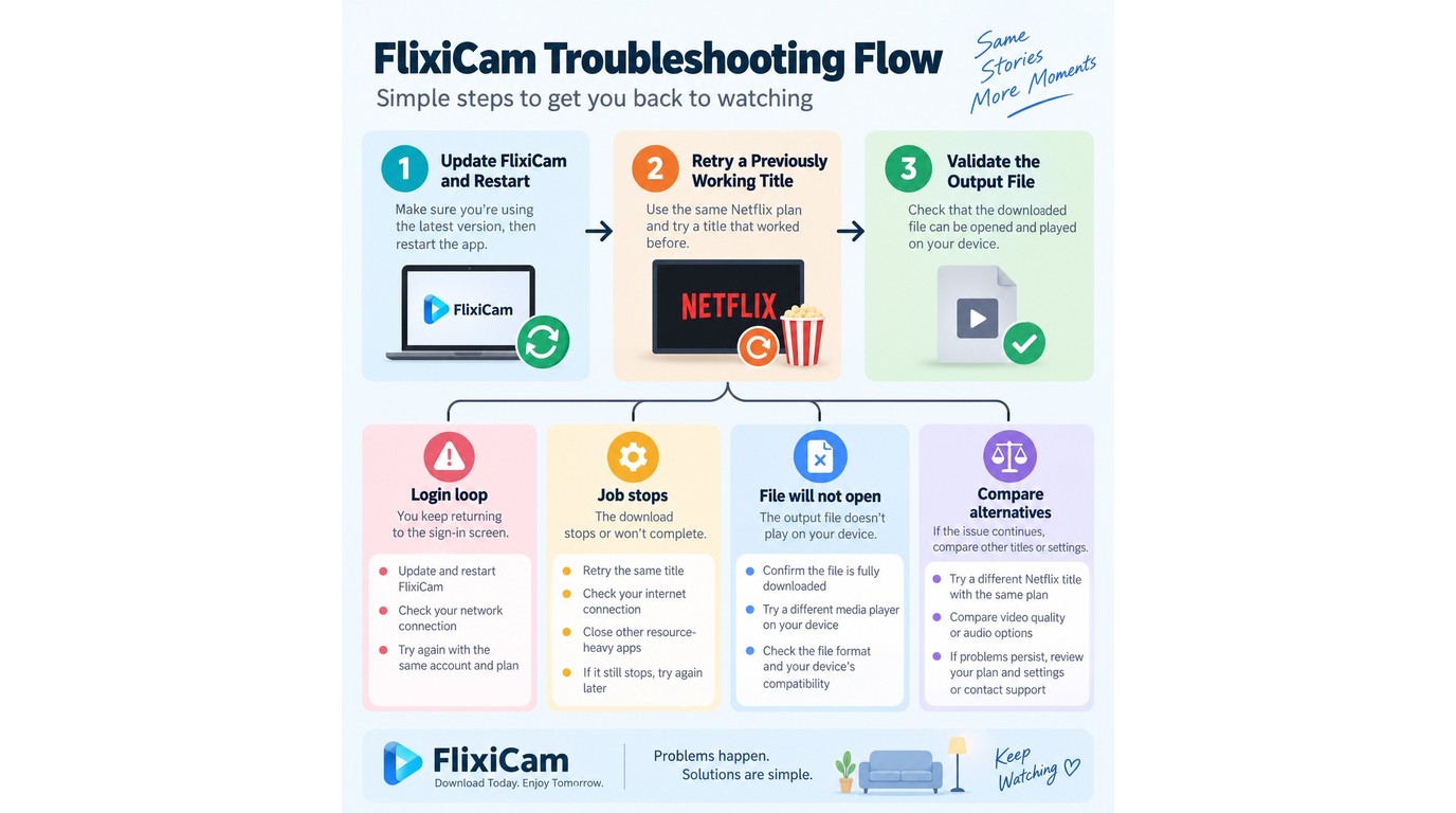 FlixiCam troubleshooting flow for updates, retrying Netflix titles, and file checks