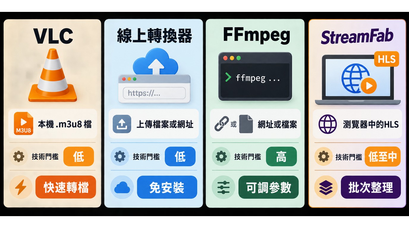 VLC、線上轉換器、FFmpeg與StreamFab的輸入和適用情境比較