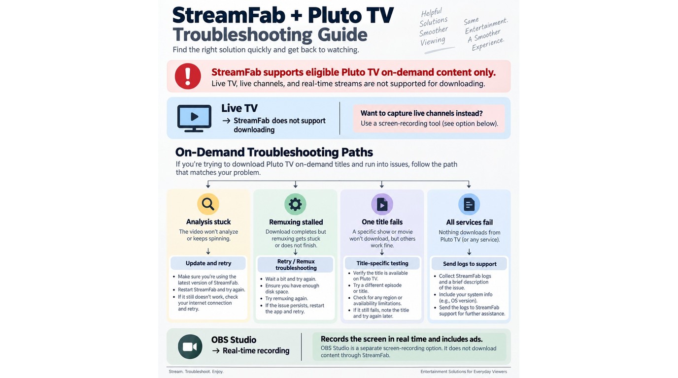 Troubleshooting paths for StreamFab Pluto TV download failures