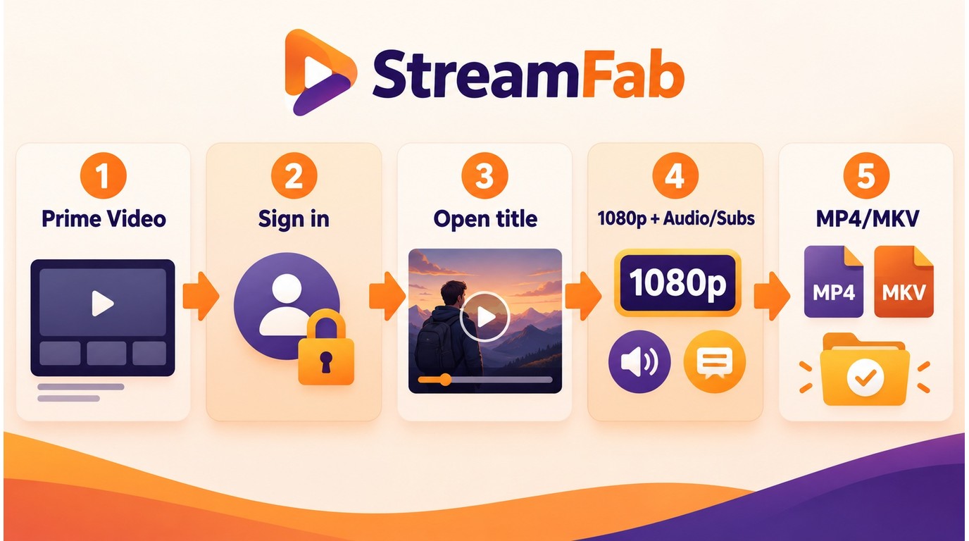 StreamFab workflow for selecting Amazon Prime Video, choosing 1080p, and saving MP4 or MKV