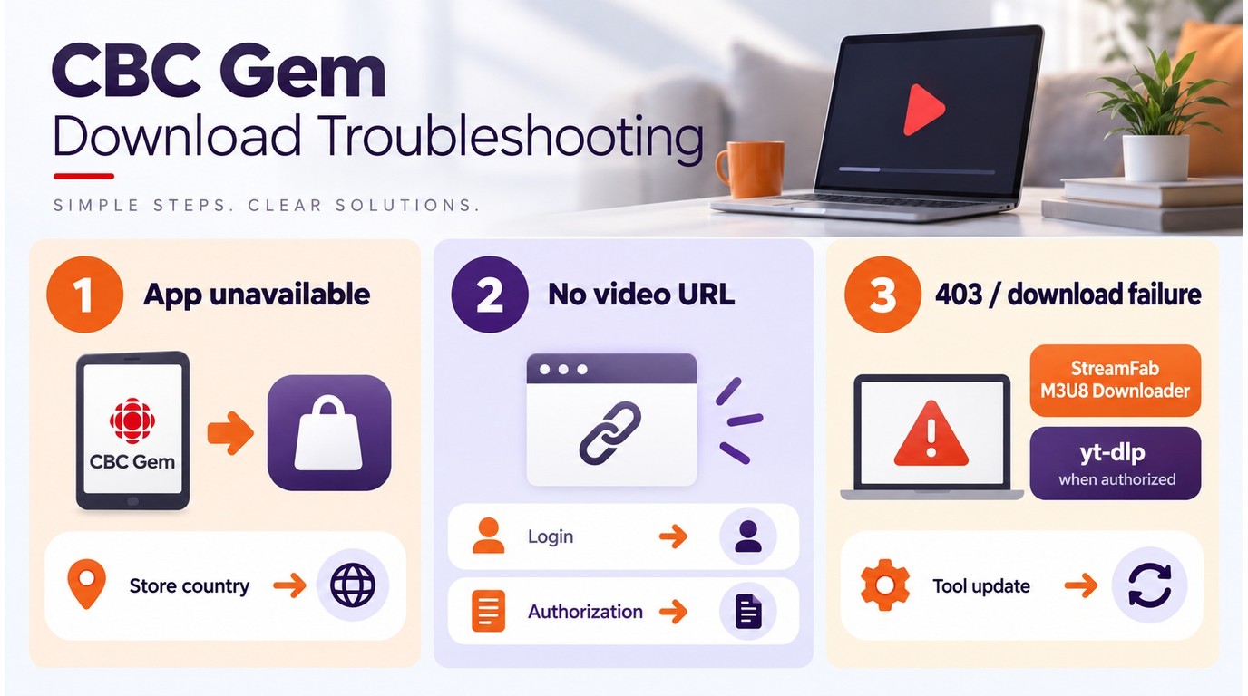 CBC Gem troubleshooting flow for app access, missing URLs, and 403 failures