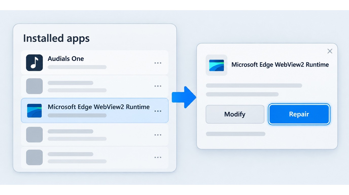 Windows repair path for Microsoft Edge WebView2 Runtime used by Audials One