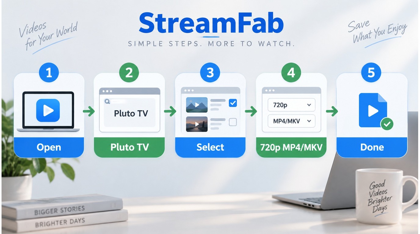 StreamFab workflow for selecting a Pluto TV title and saving it as an MP4 or MKV