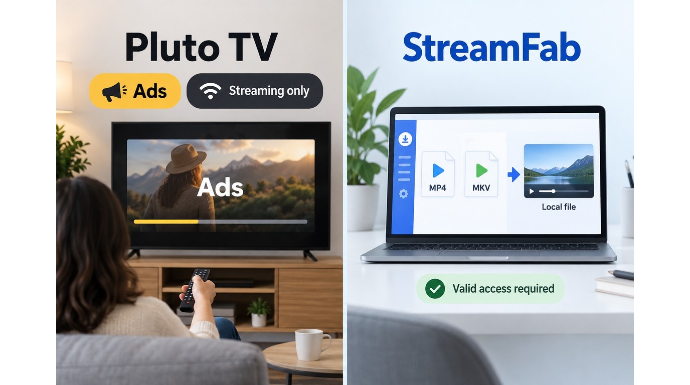 Pluto TV streaming with ads compared with StreamFab local MP4 and MKV files