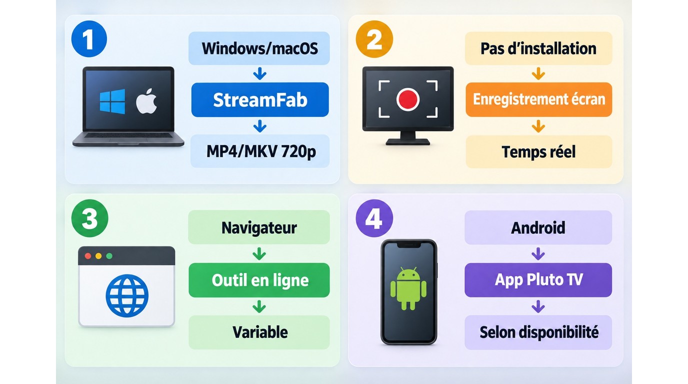 Choix entre StreamFab, capture, outil en ligne et Android pour Pluto TV