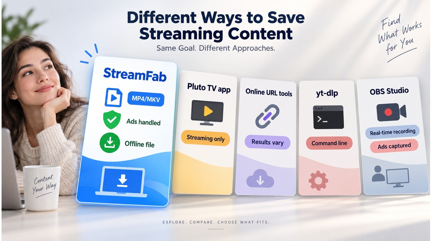 StreamFab and Pluto TV download methods compared by file output and ad handling