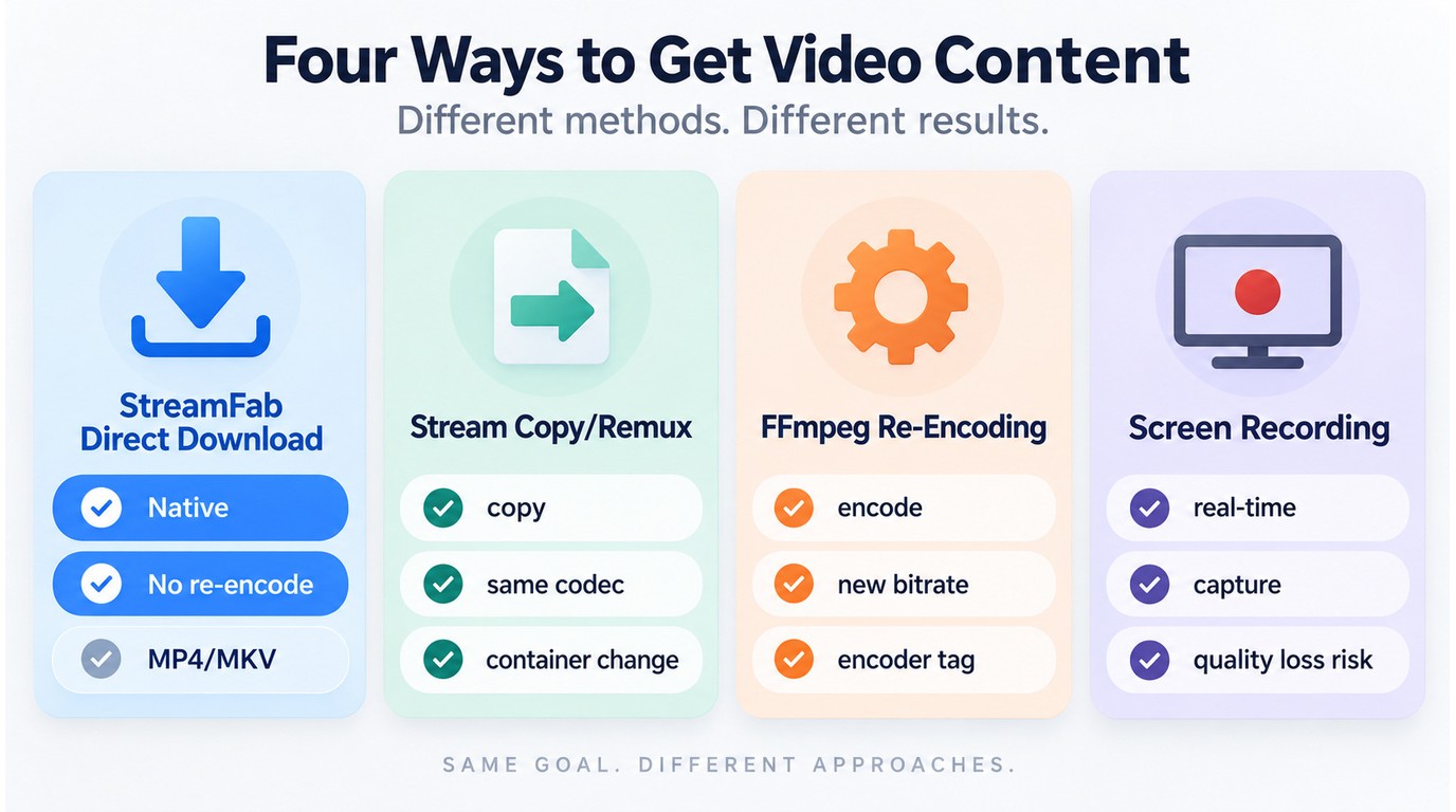 Comparison of StreamFab direct download, stream copy, FFmpeg re-encoding, and screen recording