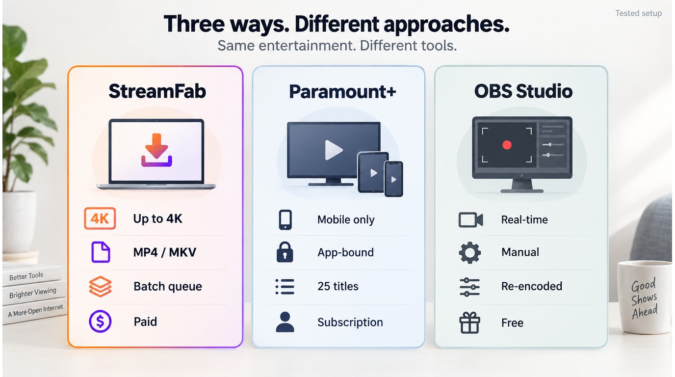StreamFab, Paramount+, and OBS compared by quality, format, device, timing, and cost.