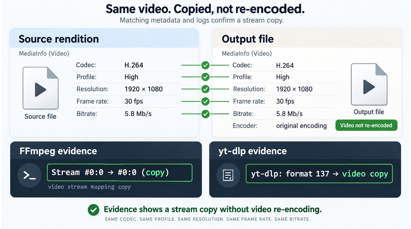 MediaInfo source and output comparison with FFmpeg and yt-dlp log evidence