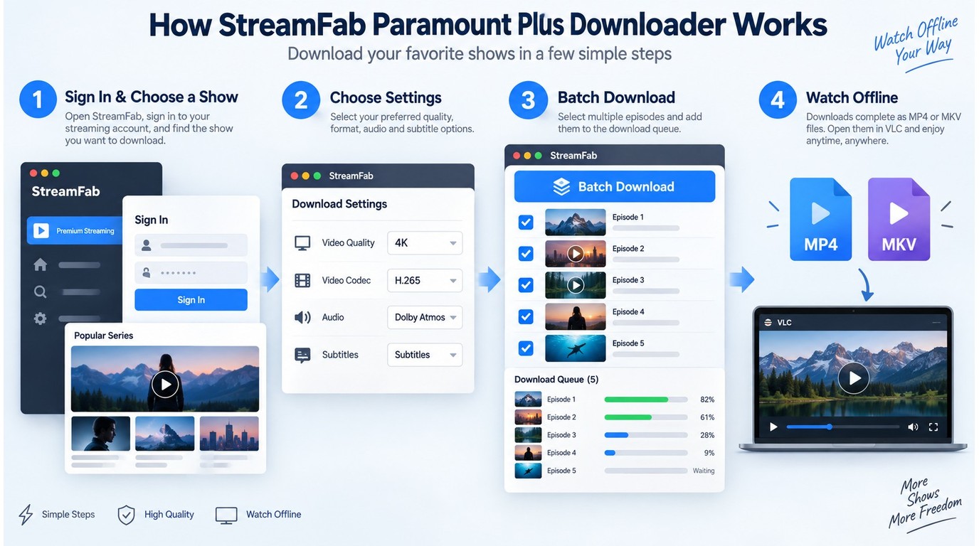 StreamFab steps for Paramount+ login, 4K settings, batch download, and VLC playback.