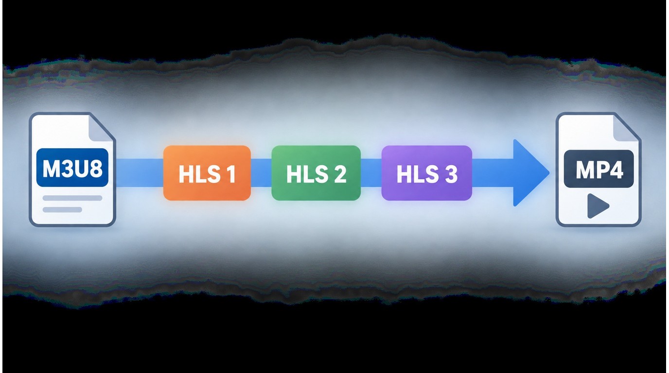 Une playlist M3U8 référence des segments HLS assemblés ensuite dans un fichier MP4.