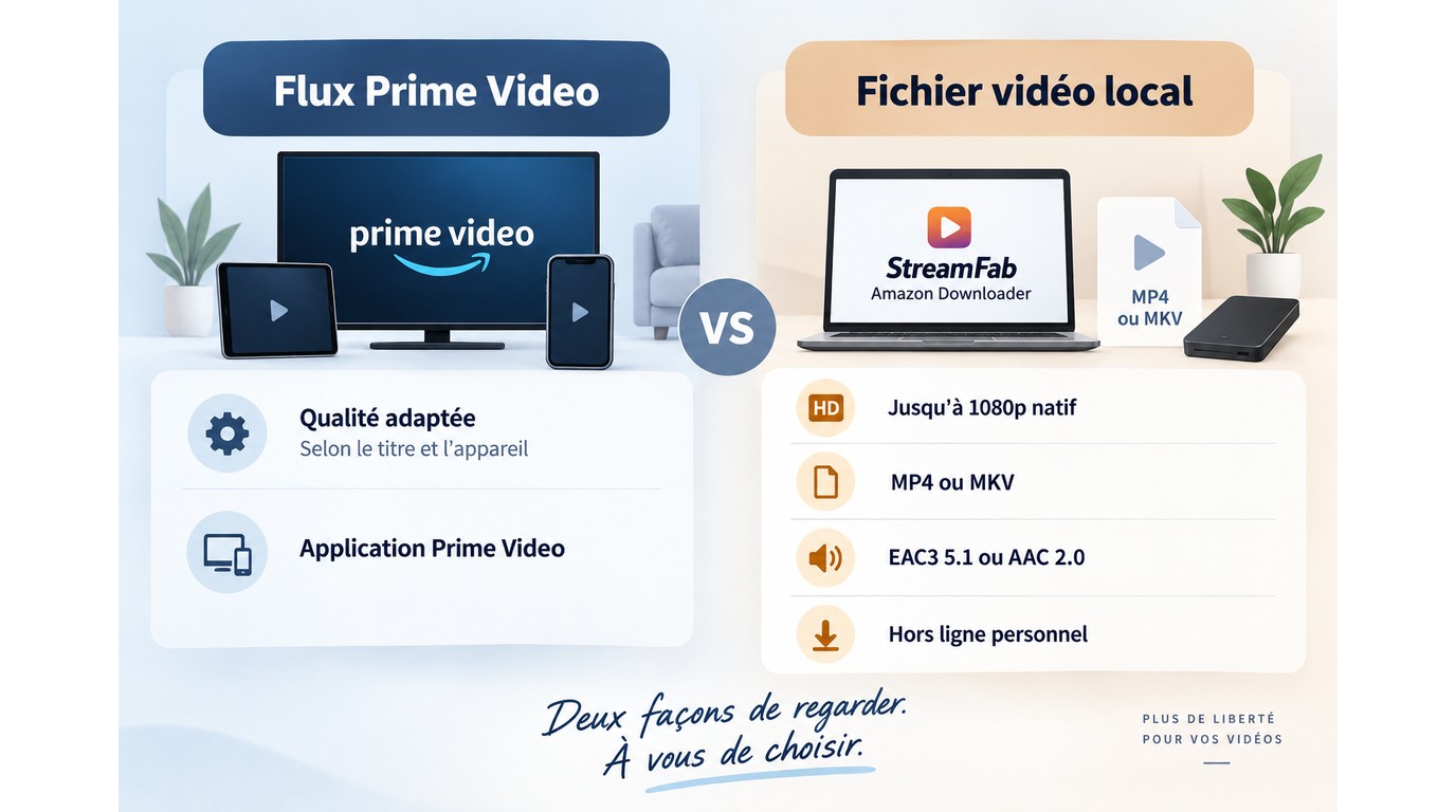 Comparaison entre Prime Video et StreamFab pour qualité, formats et hors ligne