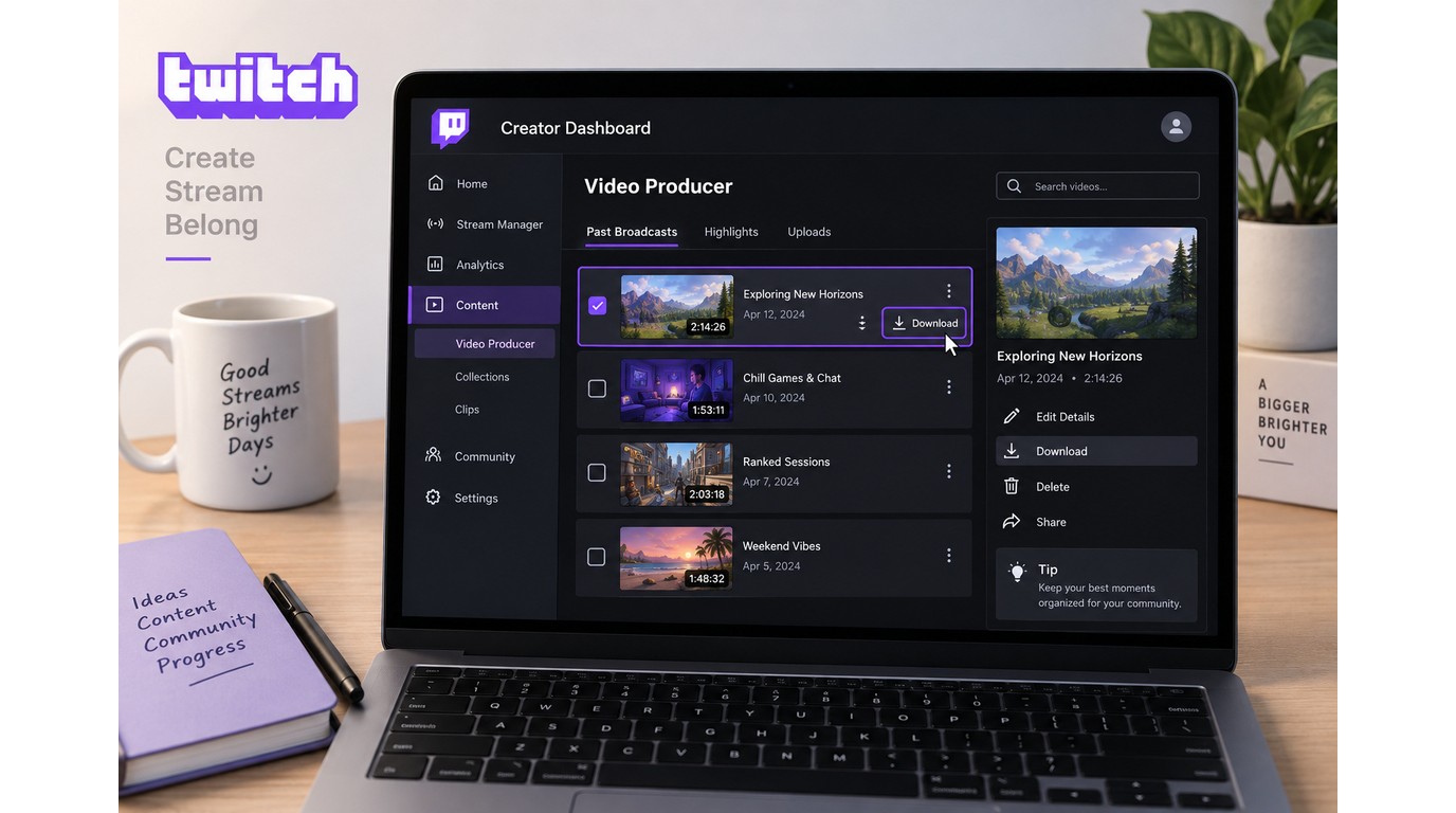 Twitch Creator Dashboard with a Past Broadcast download option