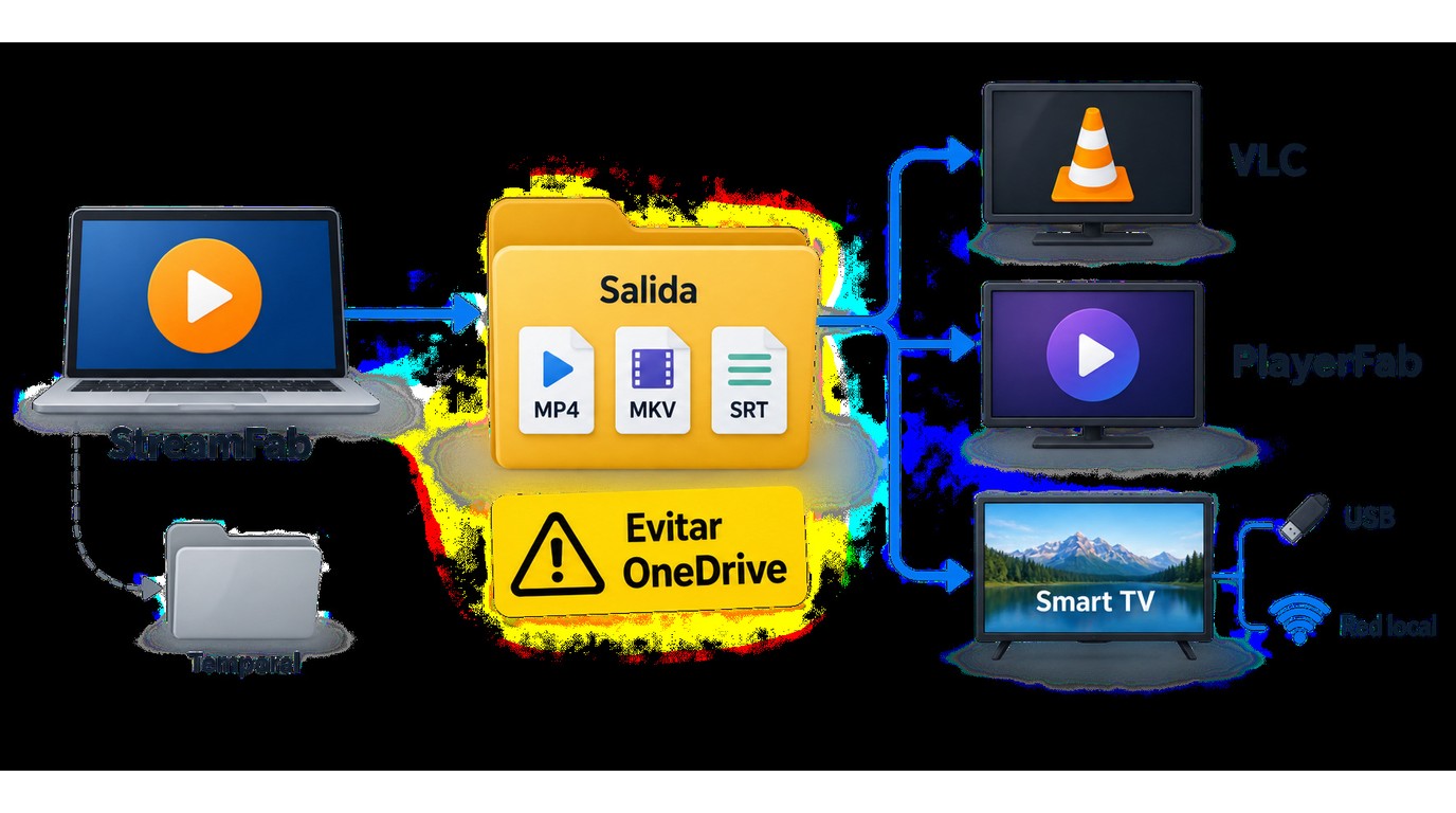 Flujo de carpetas de StreamFab hacia VLC, PlayerFab y Smart TV, evitando OneDrive
