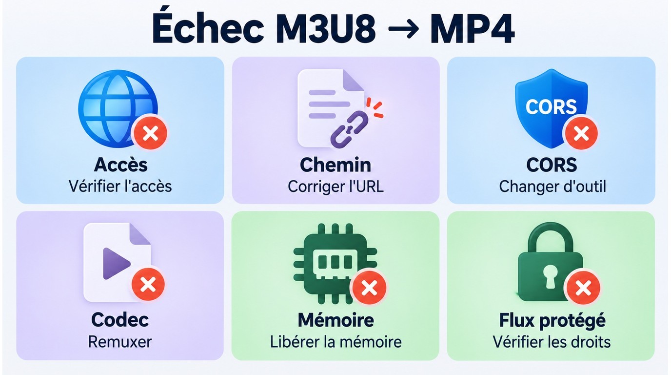 Diagnostic des échecs M3U8: accès, chemins, CORS, codecs, mémoire ou protection.