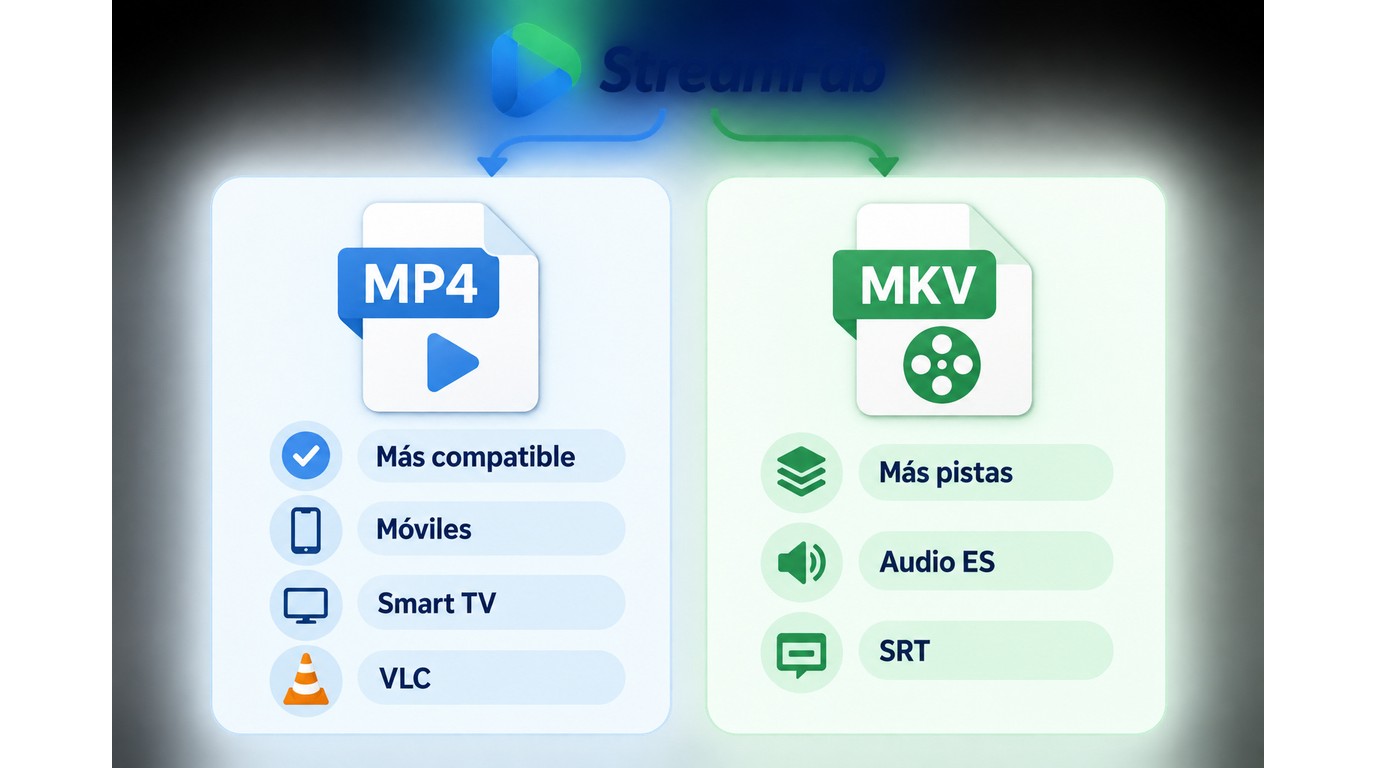 Comparación de MP4 y MKV en StreamFab según compatibilidad, pistas y subtítulos