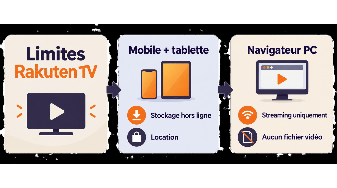 Rakuten TV distingue le stockage hors ligne et la fenêtre de location sur mobile et tablette.