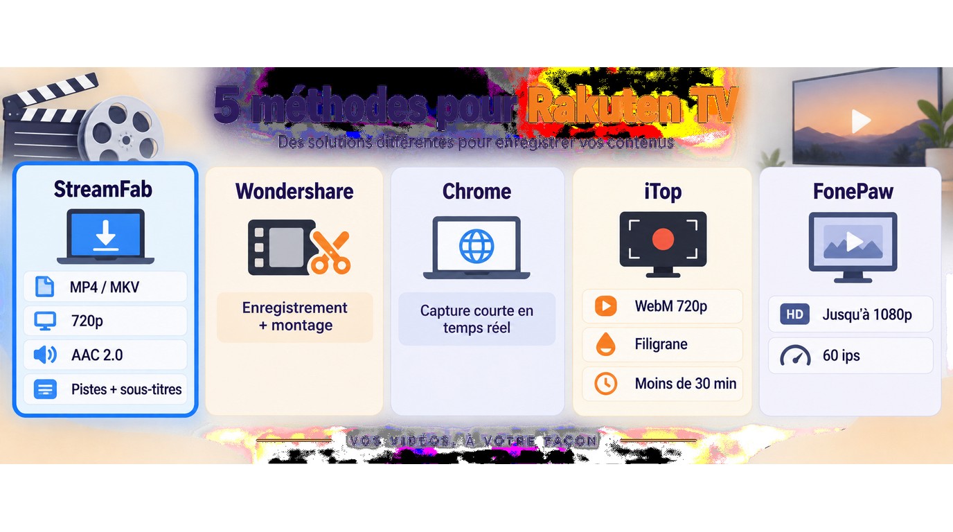 Comparaison de StreamFab, Wondershare, Chrome, iTop et FonePaw pour Rakuten TV.