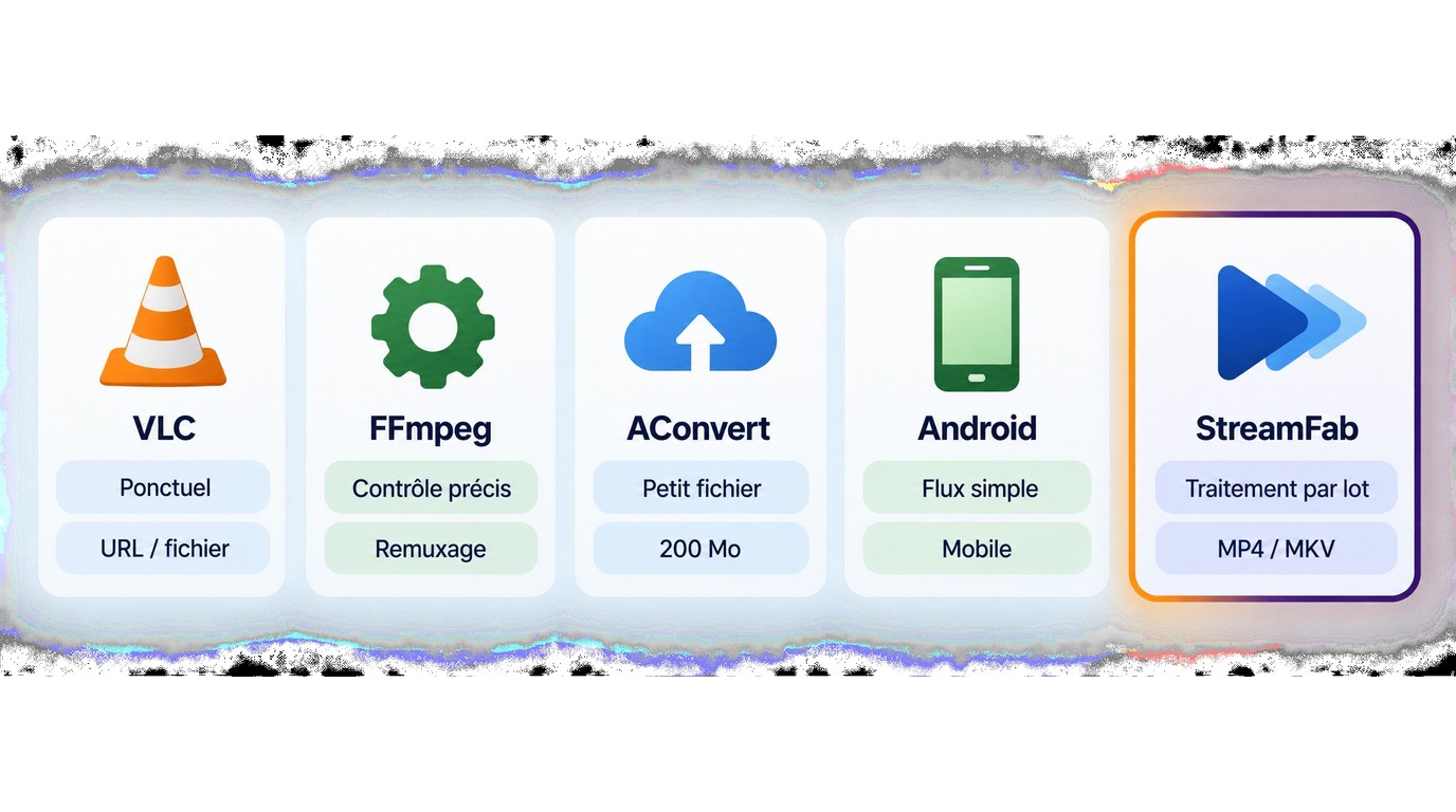 VLC, FFmpeg, AConvert, Android et StreamFab comparés selon la source et le traitement.