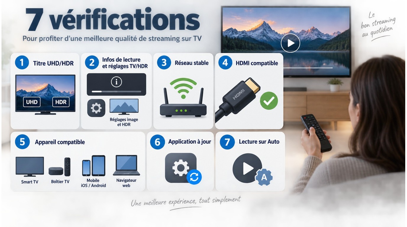 Parcours Prime Video pour vérifier UHD, Qualité vidéo, HDMI et réseau