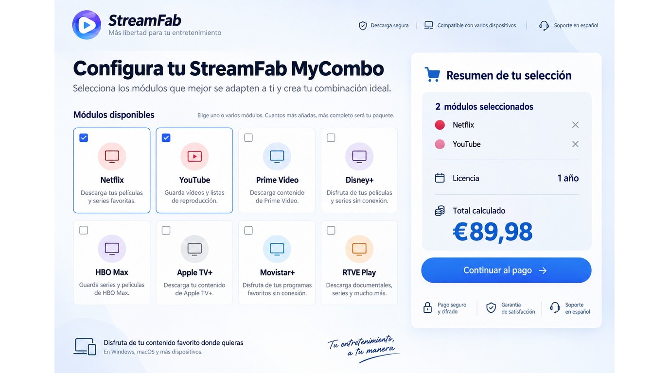 Configurador de StreamFab MyCombo con módulos seleccionados e importe final.