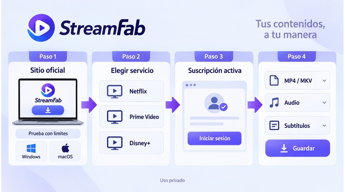 Flujo oficial de StreamFab para elegir servicio, formato, audio y subtítulos