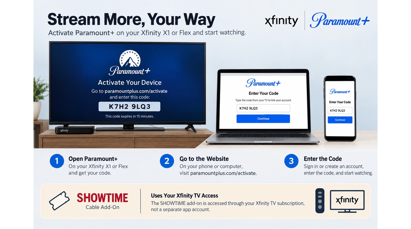 Paramount+ activation code flow on Xfinity with separate cable access