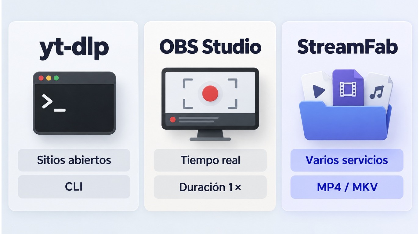 Comparación de yt-dlp, OBS Studio y StreamFab según el caso de uso