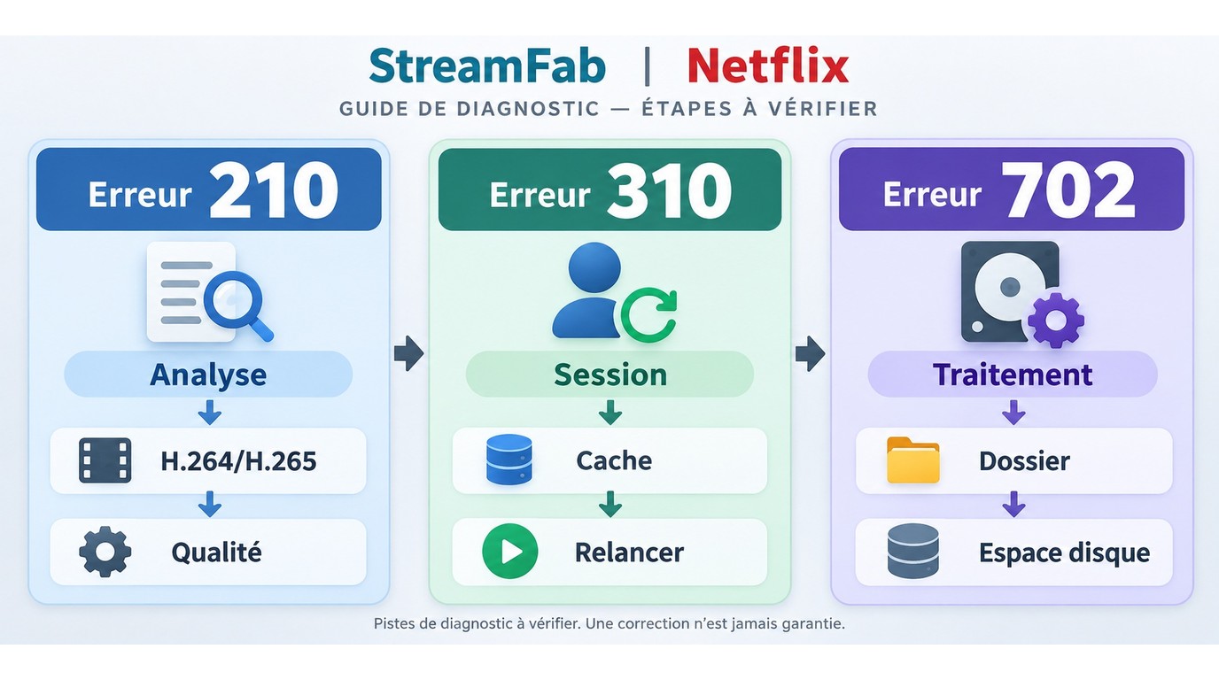 Diagnostic des erreurs StreamFab Netflix 210, 310 et 702 selon la phase et le codec