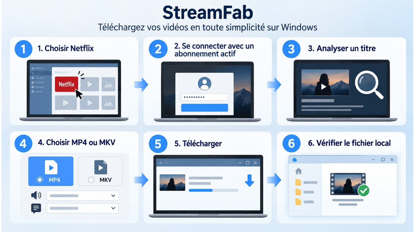 Étapes StreamFab pour choisir Netflix, un format MP4 ou MKV et lancer un téléchargement