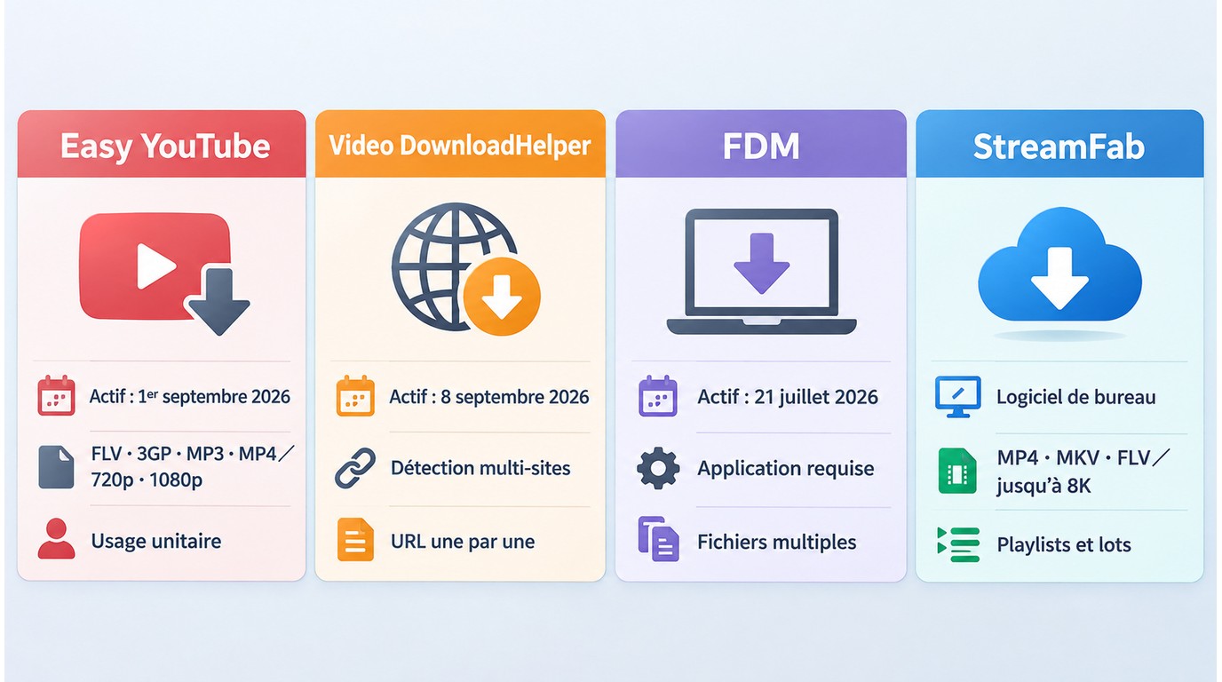 Easy, Video DownloadHelper, FDM et StreamFab comparés sur maintenance, formats et lots.