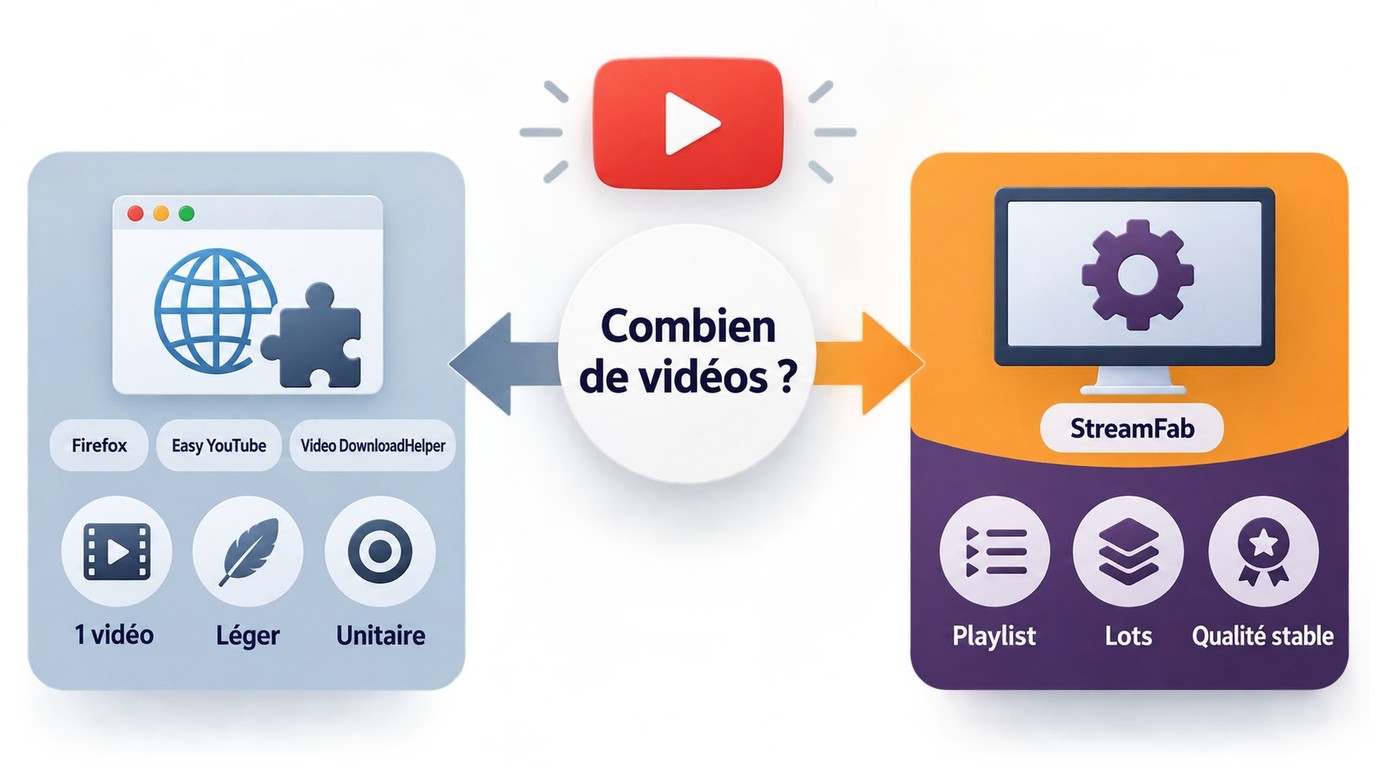 Choix entre Firefox pour une vidéo et StreamFab pour les playlists et le traitement par lots.