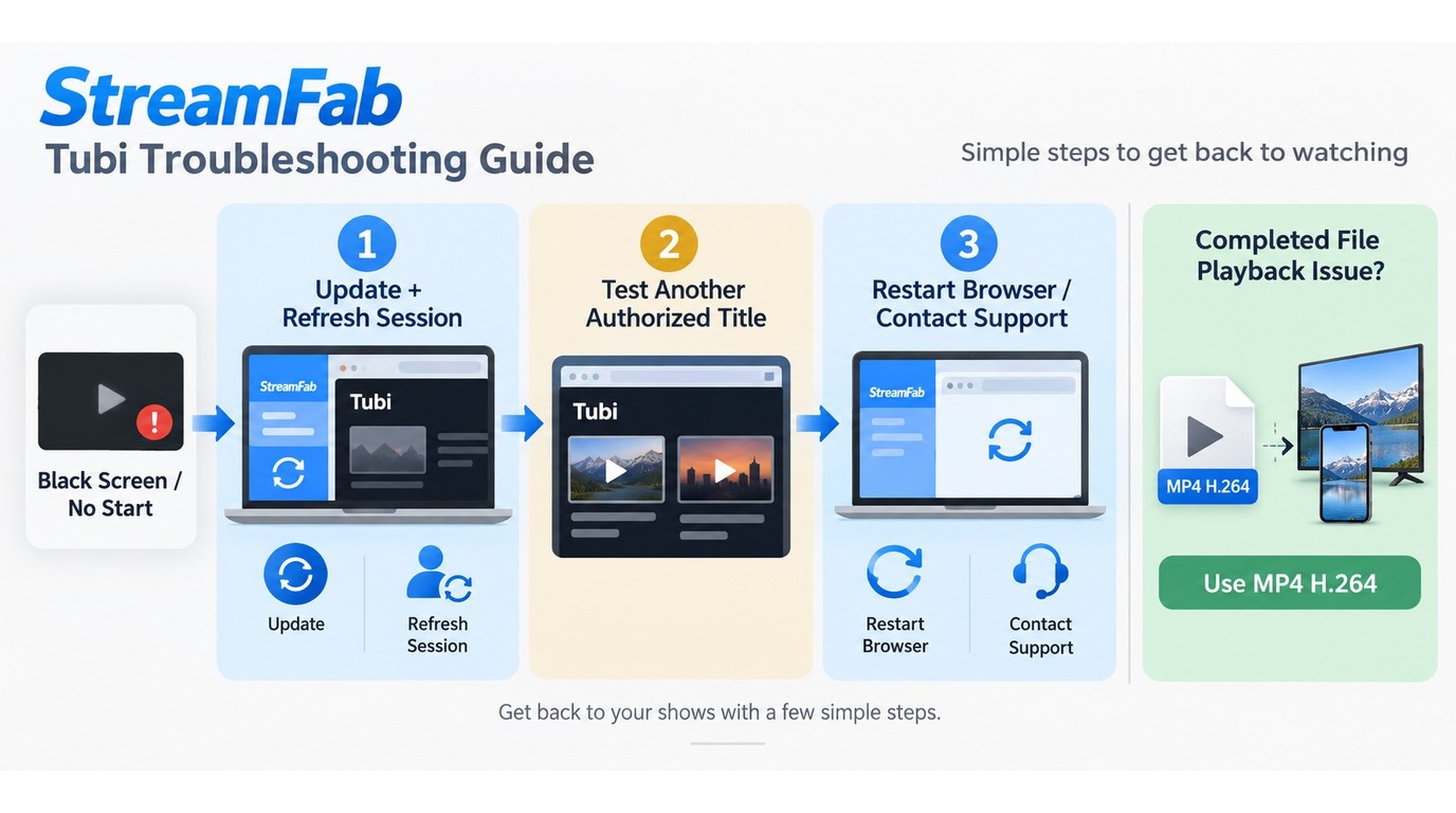Troubleshooting StreamFab Tubi detection, black screens, and device playback.