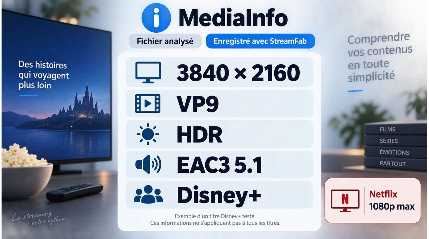 Contrôle d'un fichier StreamFab 2160p dans MediaInfo avec codec, HDR et audio
