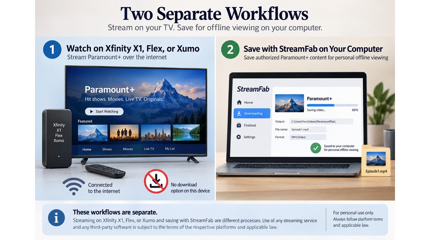 Paramount+ streaming on Xfinity compared with authorized offline viewing on StreamFab