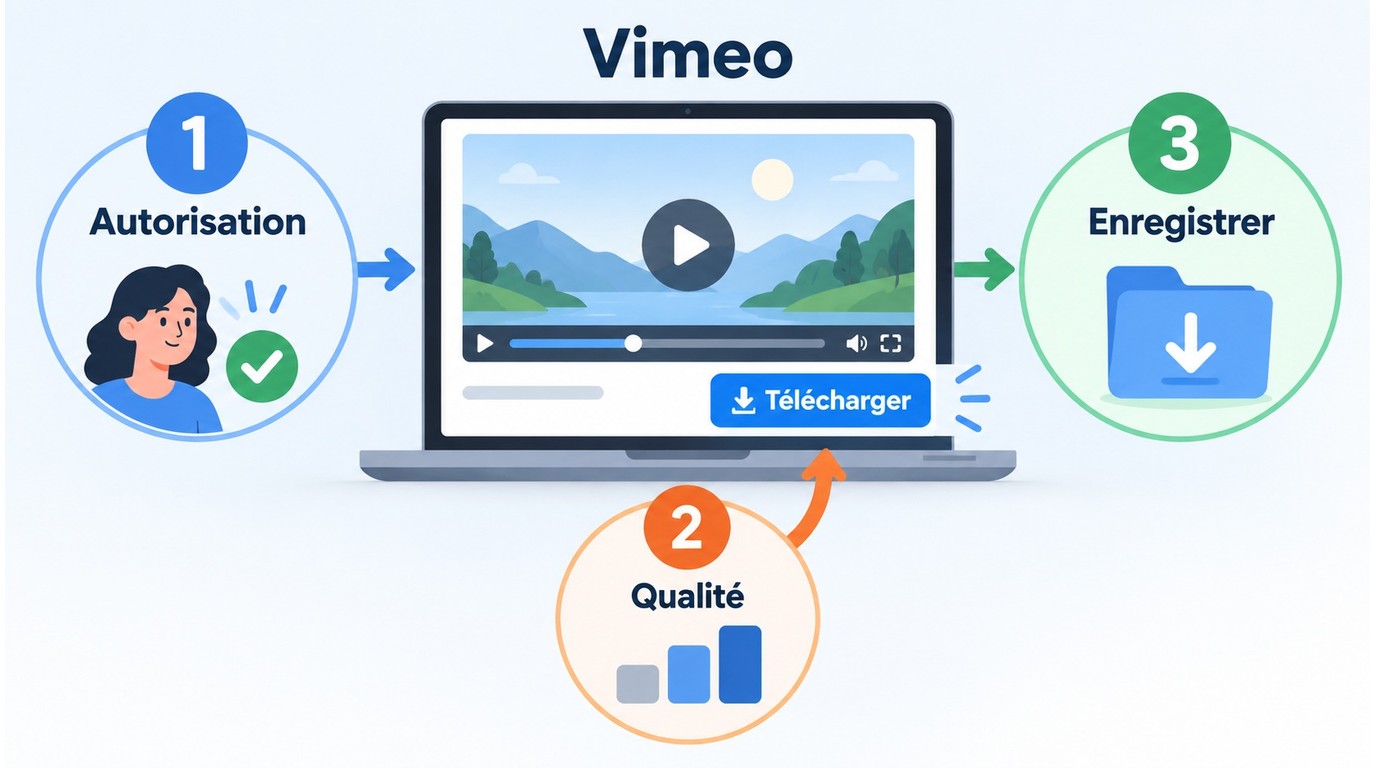 Trois étapes pour télécharger une vidéo autorisée avec le bouton officiel Vimeo.