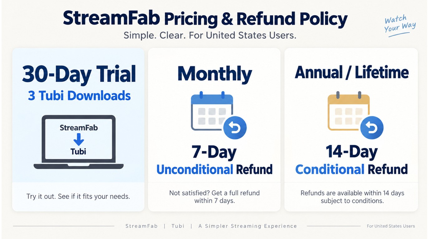 StreamFab trial and refund windows for monthly, annual, and lifetime plans.