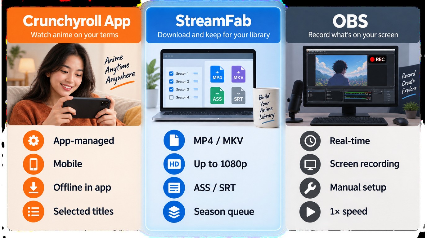 StreamFab, Crunchyroll app, and OBS compared by files, subtitles, queues, and speed.