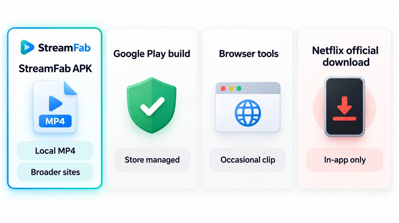Comparison of StreamFab, browser tools, and official downloads for Android use cases